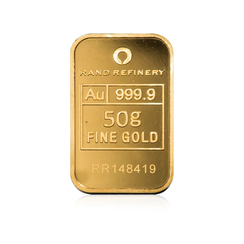 A 50g gold bar on plain surface