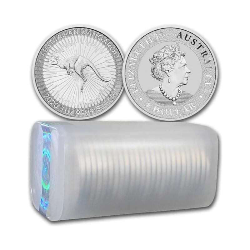 Australian Kangaroo Bullion Coins available in Tubes of 25 1 oz Coins.